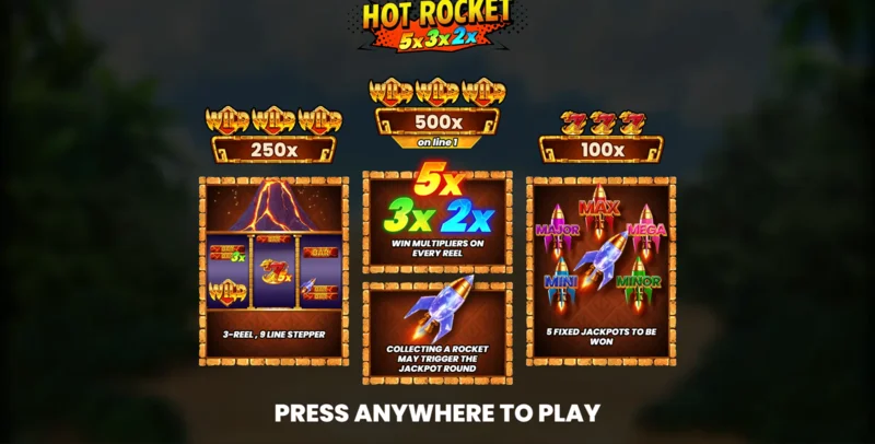 Hot Rocket 5x 3x 2x – pagrindinis meniu su būgnais ir sukimo mygtuku
